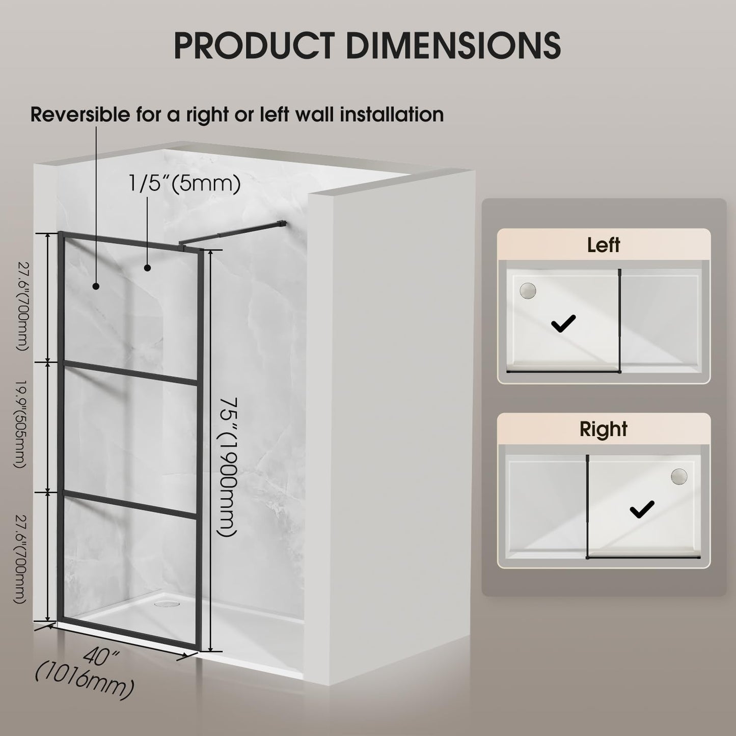 LARWORKS Walk in Shower Door, 40" W x 75" H Fixed Shower Glass Panel, 1/5"(5mm) Tempered Glass Shower Screen for Bathroom, 3 Glass Panels & Adjustable Support Bars - Matte Black