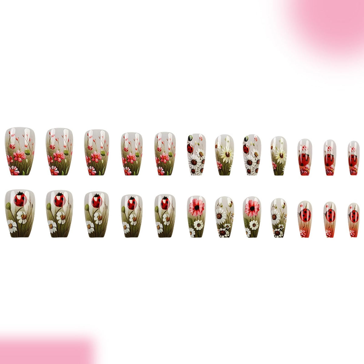 Spring Daisy Oil Painting Press on Nails Medium Ballet Fake Nails Ladybug Flowers False Nails with Nude Daisy Flowers French Design Spring Stick on Nails for Women Girls Manicure Decoration 24 pcs
