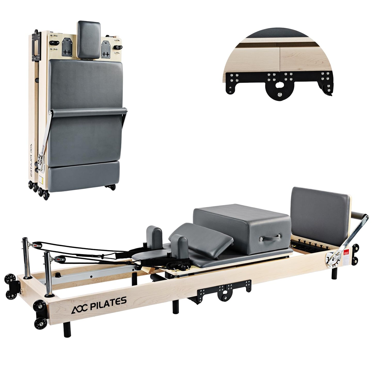AOC PILATES Pilates Reformer, Wooden Foldable Pilates Reformer Machine with 6 Springs, Box, Padded Jump Board, 660lbs Capacity for Home Workouts Studio Gray