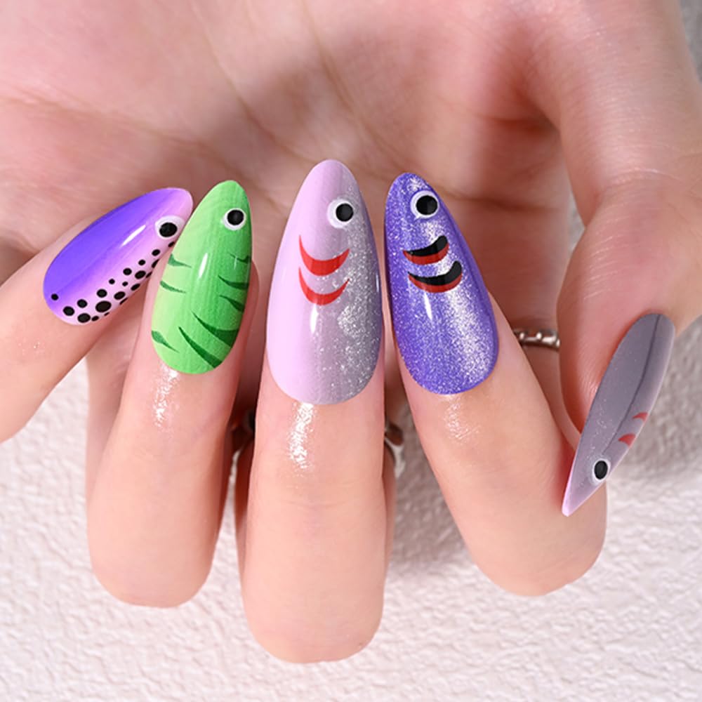 evpct Handmade Press on Nails Short Almond with Fish Lure Design, Cute Costume Fish Bait Press on Fake Nails for Women with Manicure Kit, Reusable Full Cover Stick on Nail with Design Perfectly Fit