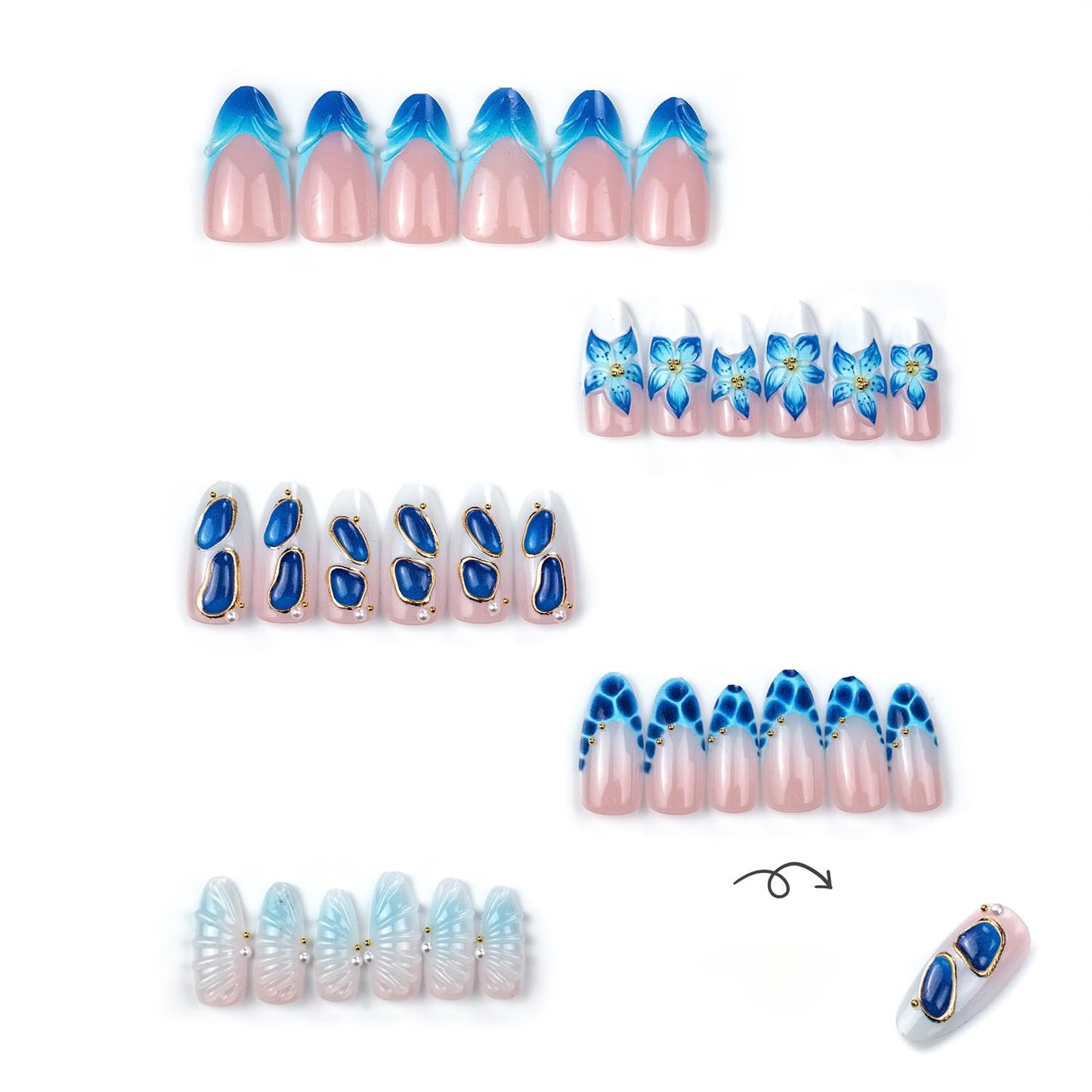Summer Press On Nails Medium Almond Fake Nails French False Nails With Blue Floral Gold Pearl Design Reusable Acrylic Nail Press Ons Glossy Stick On Nails Full Cover For Women Manicure 24Pcs