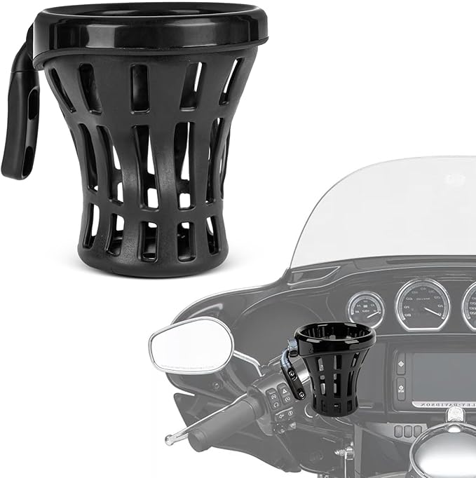 PSLER Motorcycle Drink Cup Holder Handlebar Mount Universal for Dyna Fat Bob Touring Road Glide Street Electra Glide Softail 1996-up Goldwing GL1800 2018-up (Black, 105mm)