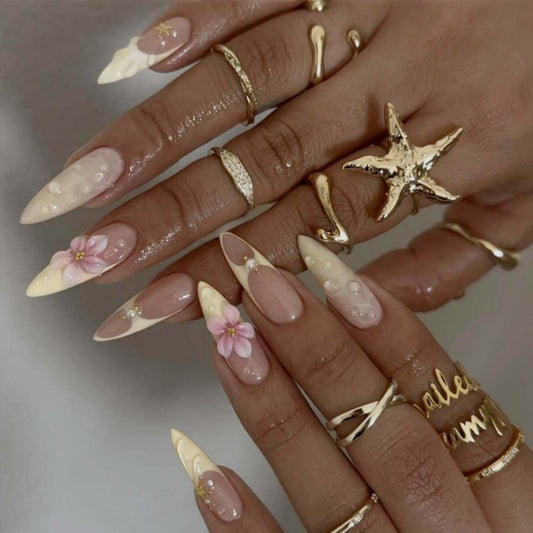 French Tips Press on Nails Medium Almond Fake Nails with 5D Flower Charm Design Glossy Ombre Yellow Nails Press on Reusable Pearl Rhinestones False Nail Spring Summer Nail for Women Manicure 24Pcs
