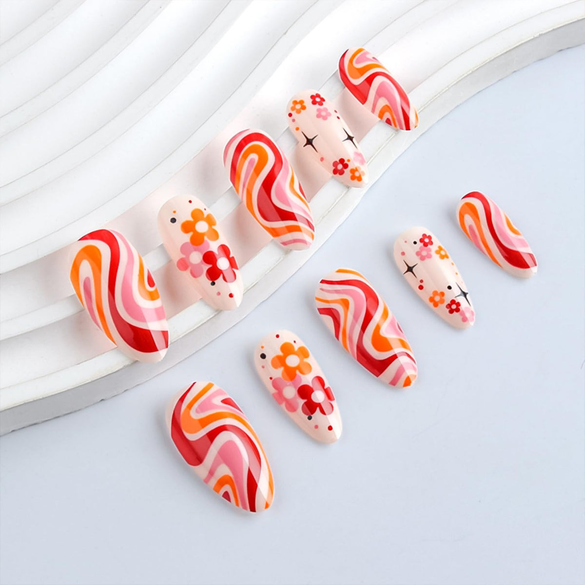 Cute Flower Press on Nails Colorful Swirl Stripe Fake Nails Long Almond Acrylic Glue on Nail Glossy Full Cover False Nail for Women