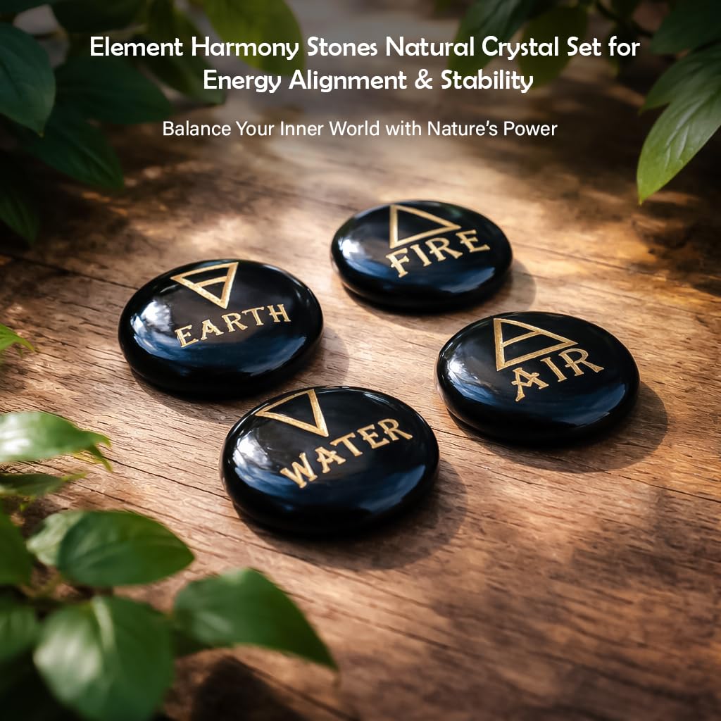 Crocon 4 Elements Black Tourmalinetones Round Shape Engraved Triangle Symbols (Earth Air Fire Water) Polished Palm Stones for Gemstone Reiki Crystals and Healing Stones Meditation Divination Gifts