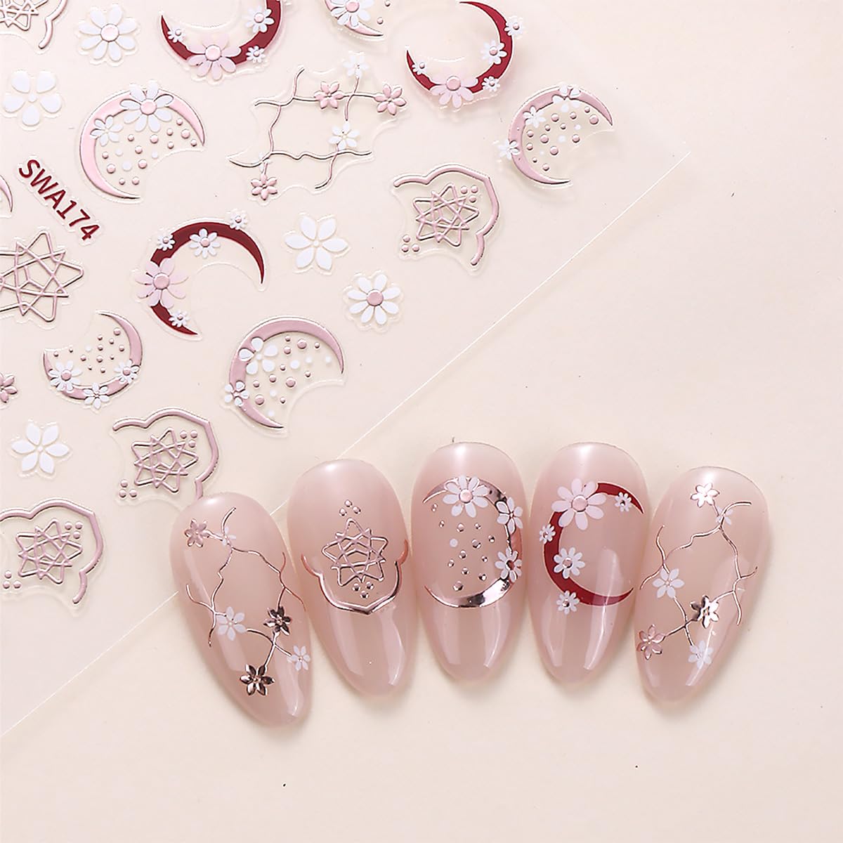 4 Sheets Flower Nail Stickers for Nail Art Pink Yellow Daisy Nail Decals Glitter Gilding Moon Nail Design Stickers 3D Self-Adhesive Flower Acrylic Nails Art Supply for Women Manicure Decorations Tips