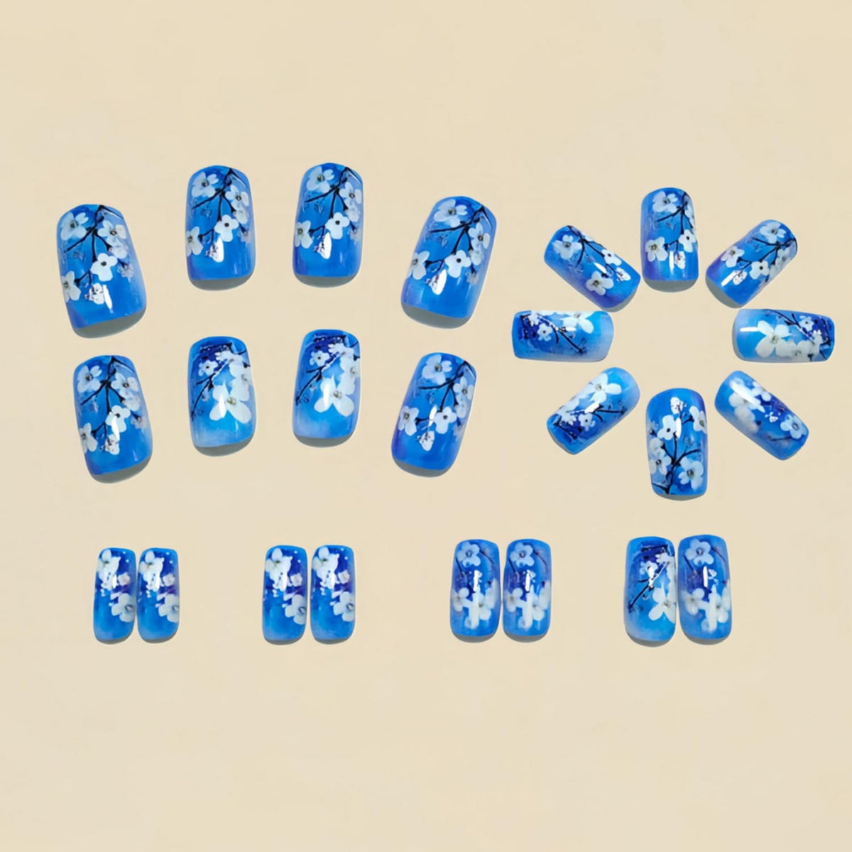 24pcs Spring Press on Nail Blue Fake Nails Floral Press ones with designs Acrylic Stick on Nail Glossy False Nails Full Cover Short Square Glue on Nails for Women Summer Accessories Manicure Decor