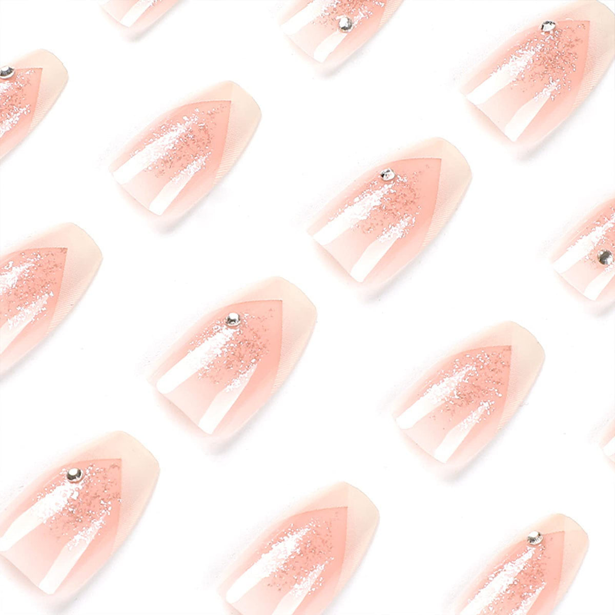 Press on Nails Short Coffin, French Tip Fake Nails with Glitter Sequins Design Nude Full Cover Stick on Nails Glossy False Nails with Glue for Women 24pcs