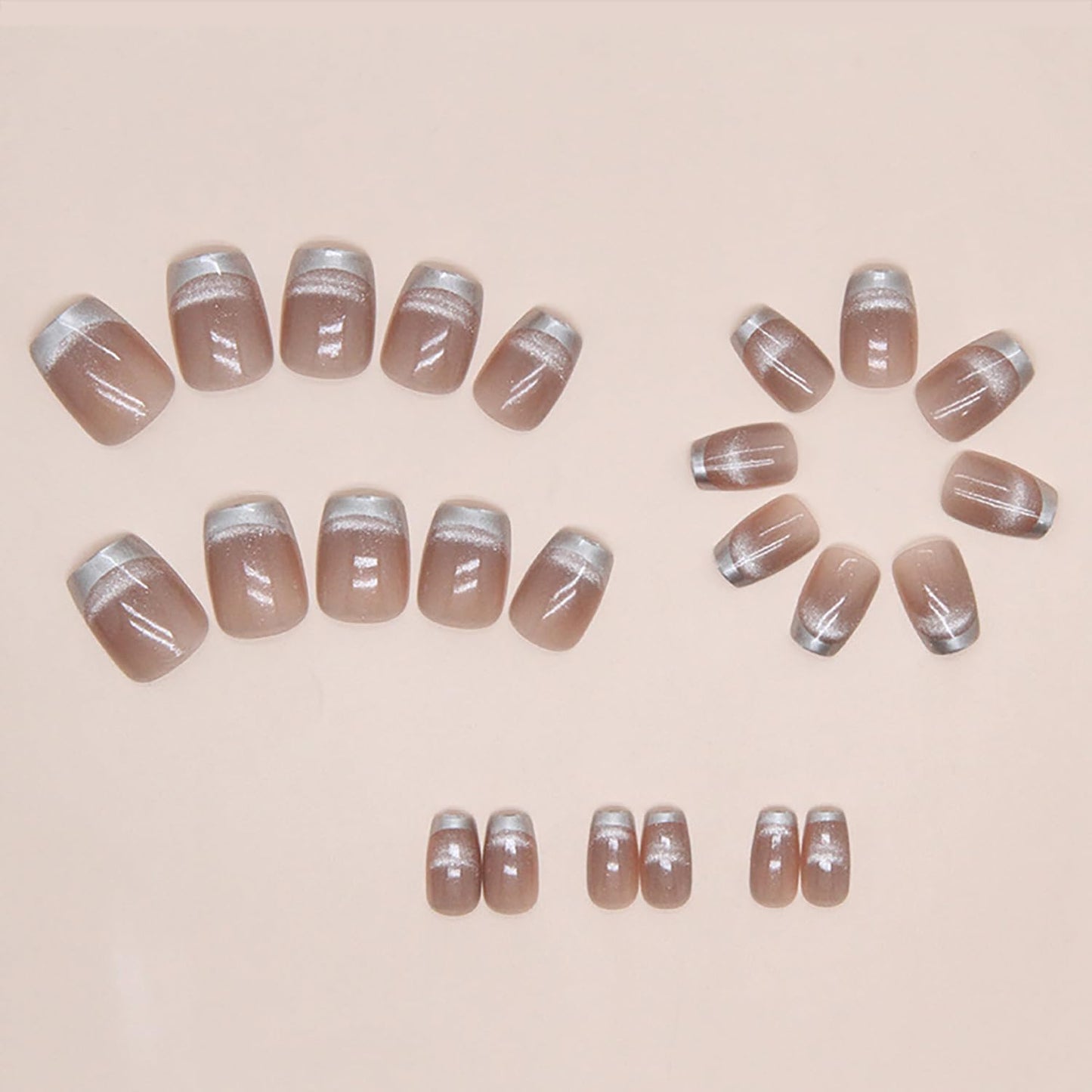 Press on Nails Short Square Artificial Acrylic Fingernails Nude Pink French False Nail Silver Nail Tip Design Fake Nail Full Cover Glossy Reusable Coffin Glue on Nails for Women