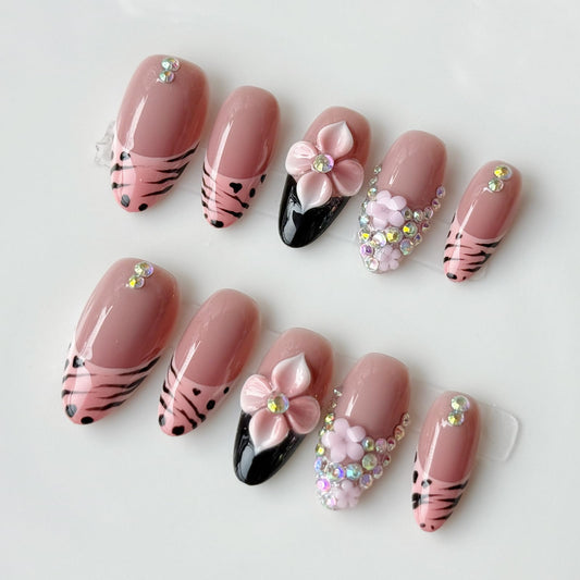 Haozerart Luxury Handmade Press On Nails Medium Almond Pink Zebra Print French Tip Fake Nails With 3D Rhinestones & Flowers Reusable Nails Kit For Women 10Pcs M Size