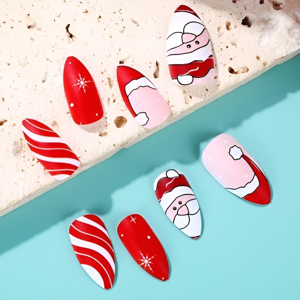 Christmas Almond Press on Nails Medium Red Santa Claus Fake Nails with Snowflake Design Winter False Nails Acrylic Nails Full Cover Glue on Nails Stick on Nails for Women and Girls