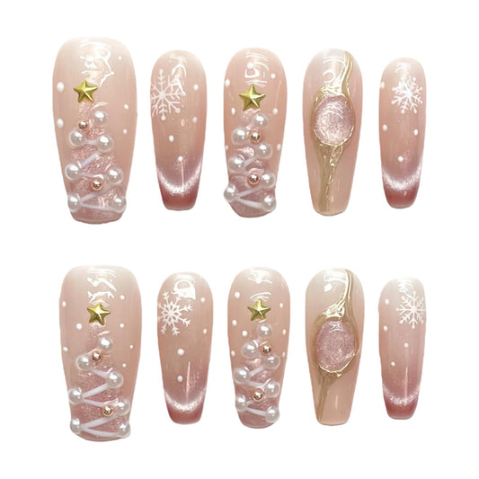 Tesytto Glitter Press on Nails - Sheer Pink Nude Acrylic Handmade Coffin False Nails Winter Xmas Tree with Pearls Snowflake Star for Women Girls (Holiday Opulence-A,S)