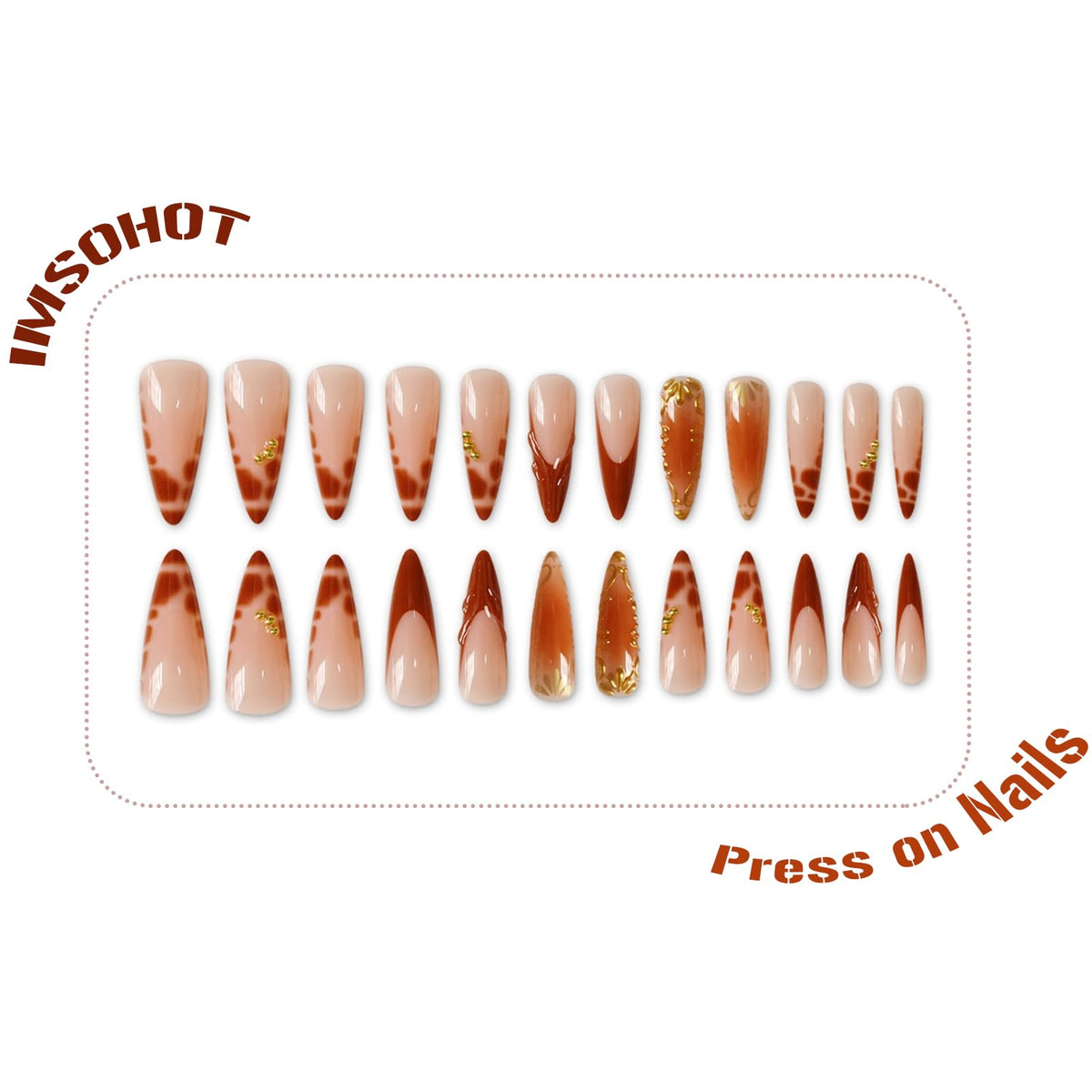 IMSOHOT Press on Nails Long Stiletto Fake Nails Brown Crocodile Print French Tips False Nails with 3D Chrome Gold Pattern Designs Glossy Acrylic Handmade Glue on Nails 24Pcs