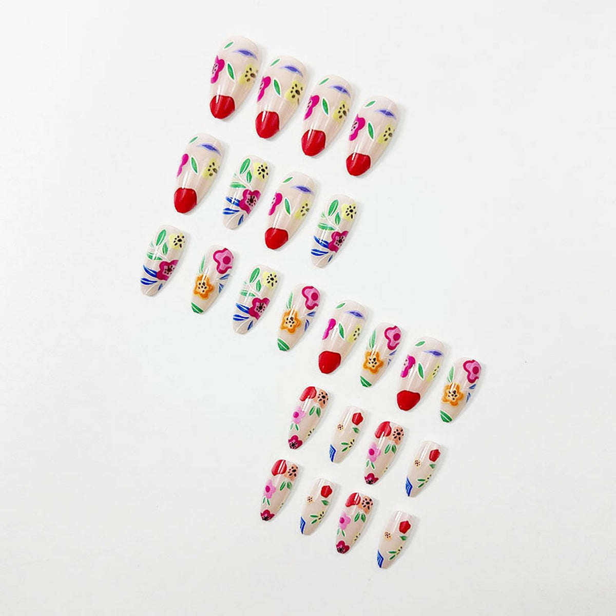 Almond Press on Nails Summer Fake Nails with Colorful Floral designs Acrylic Artificial Nail Full Cover Medium Length Stick on Nail Cute False Nails Reusable Glue on Nails for Women Spring 24pcs
