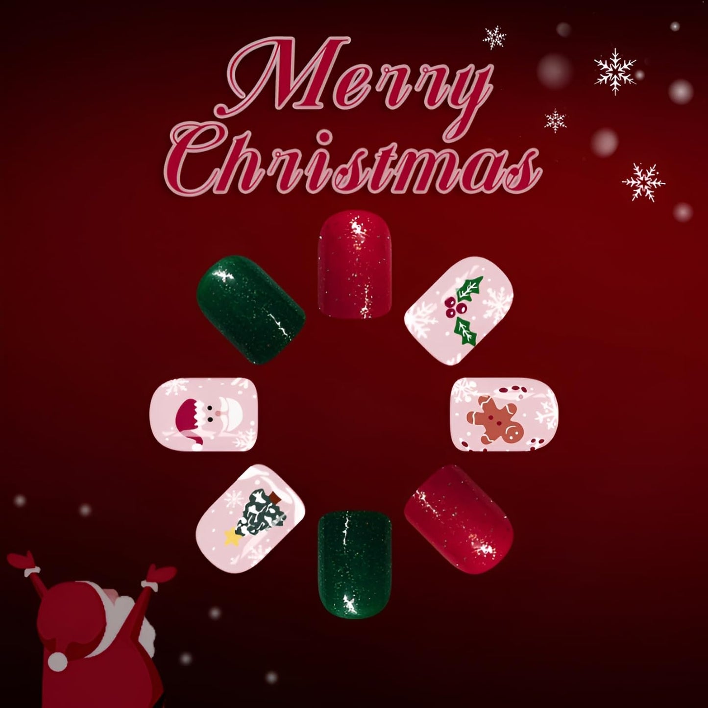 Christmas Press on Nails Short Holiday Fake Nails with Gingerbread Man Christmas Tree Santa Claus Design Square Green Red Nails Press ons Snowflake False Nails Glitter Glue on Nail for Women 24Pcs