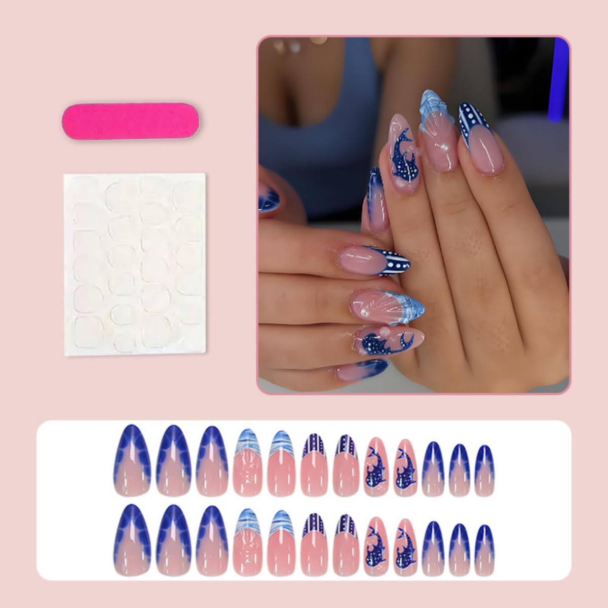 Blue French Tip Press on Nails Long Stiletto Fake Nails with Whale Shark Pearl Design Stick on Nails 3D Water Ripple False Nails Summer Acrylic Glue on Nail for Women Nail Art Decoration 24Pcs