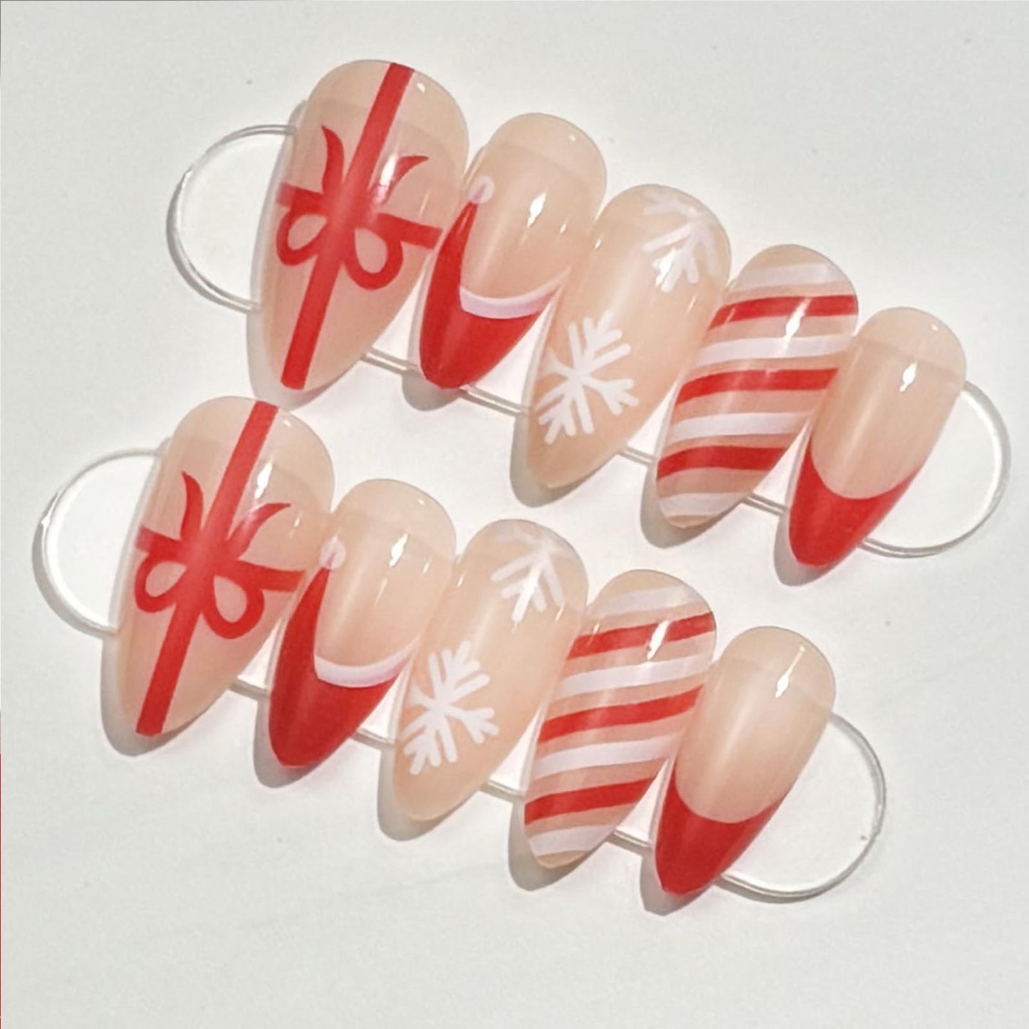 Christmas Press on Nails Medium Almond Red French Tip Fake Nails False Nails with Cute Christmas Hat & Snowflake Bow Designs Glossy Glue on Nails for Women Girls 24 Pcs