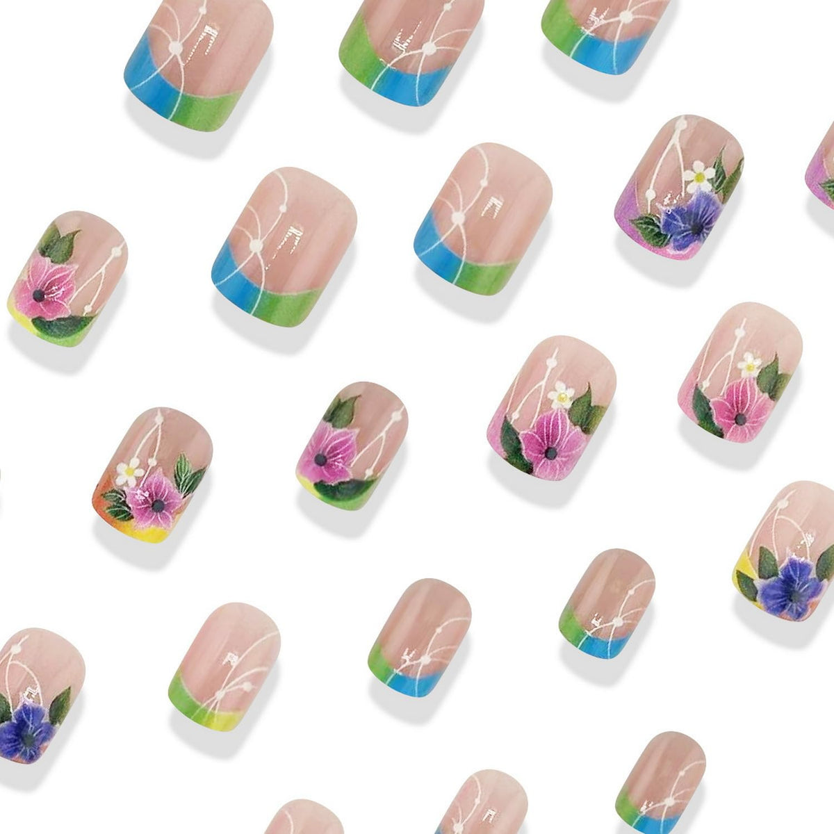 Colorful Press on Nails Short Square Fake Nails Flower False Nails Glossy Acrylic Nails Full Cover Stick on Nails with designs Floral Glue on Nails Sprinng Summer Nails for Women Girls Manicure24pcs