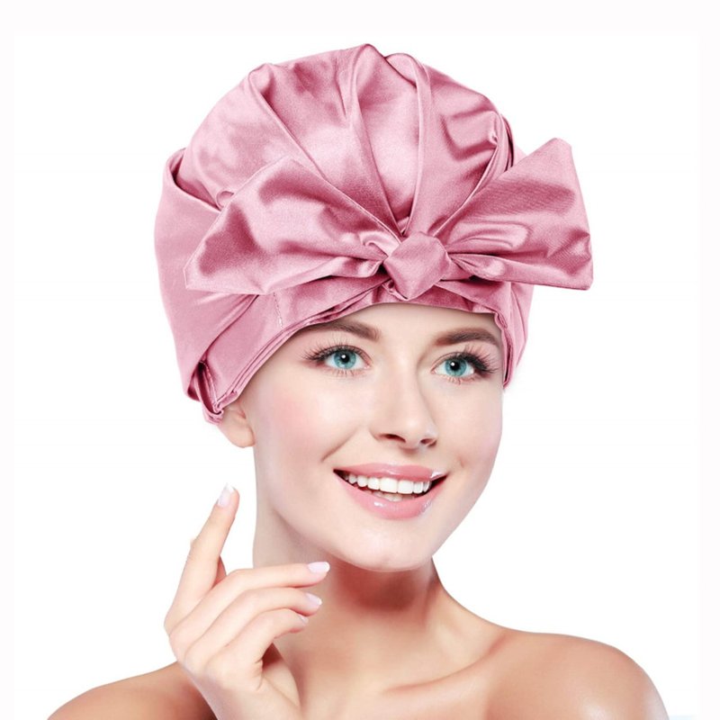 ZKLLGHE Large Shower Cap for Women Reusable Waterproof Adjustable Shower Caps with Silk Satin Lined Luxury Shower Cap for Long Hair(Pink)