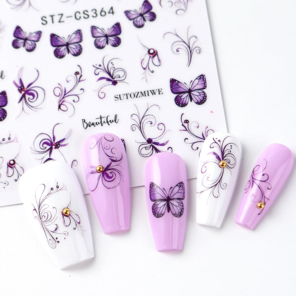 8 Sheets Flower Nail Stickers 3D Self Adhesive Spring Nail Decals Floral Nail Art Stickers with Butterfly Flowers French Lines Design for Women DIY Nail Decor