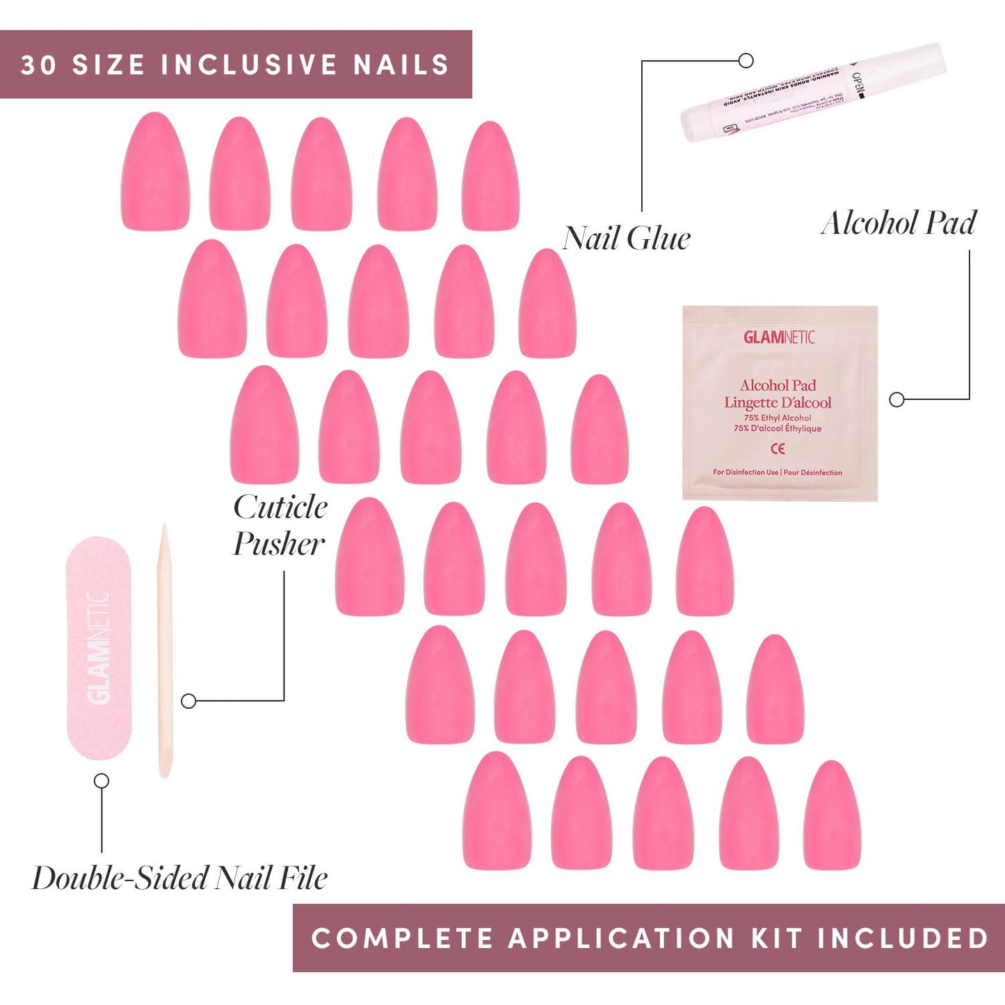 Glamnetic Press-On Nails - Flamingo Pink | Super Strong Brush On Nail Glue & Nail Adhesive Tabs | Classic Pink Short Almond Fake Nails | 15 Sizes - 30 Nail Kit with Glue & Nail Tabs