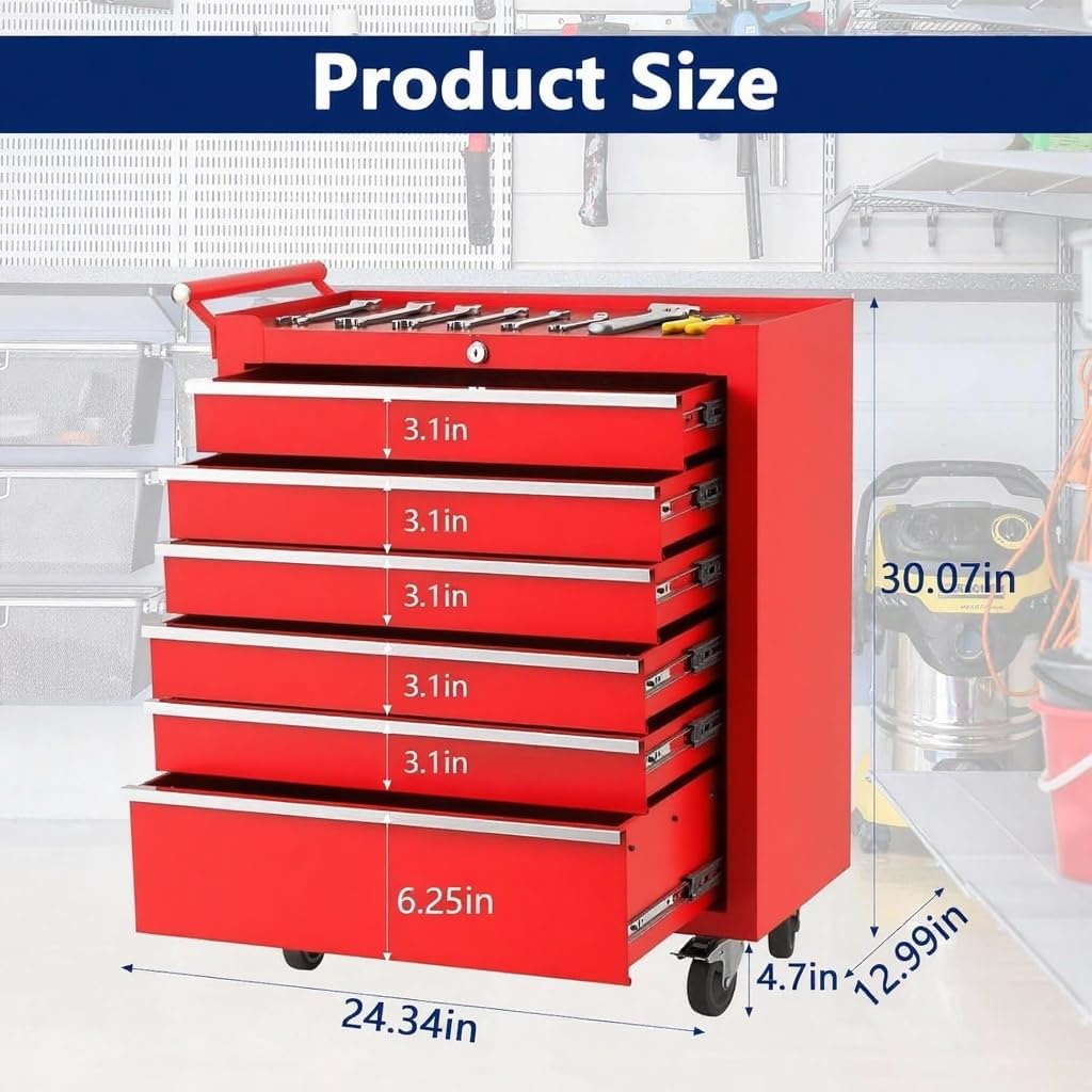 ActiveTrail Heavy-Duty Rolling Tool Chest with 6 Lockable Drawers, Featuring a Sturdy Metal Cabinet and Smooth-Wheeling Mobility, Includes Protective Drawer Liners for Secure Storage