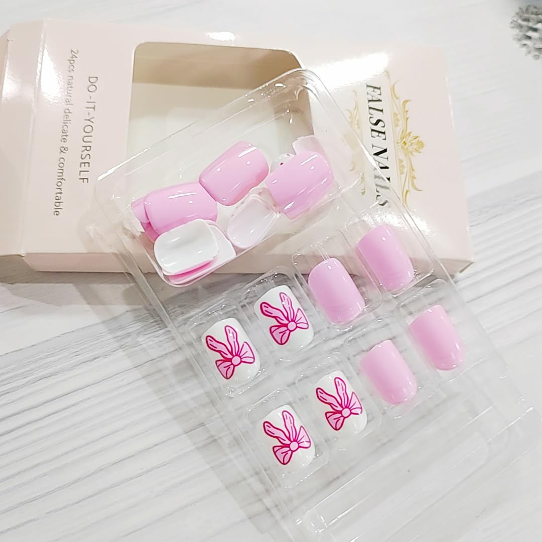 Purple Square Press on Nails Short Cute Fake Nails Valentine’s Day Press on Nail with Bow-Polka Dot Designs Pink Acrylic Full Cover Valentines Nails Glue on with Designs False Nail for Women 24PCS