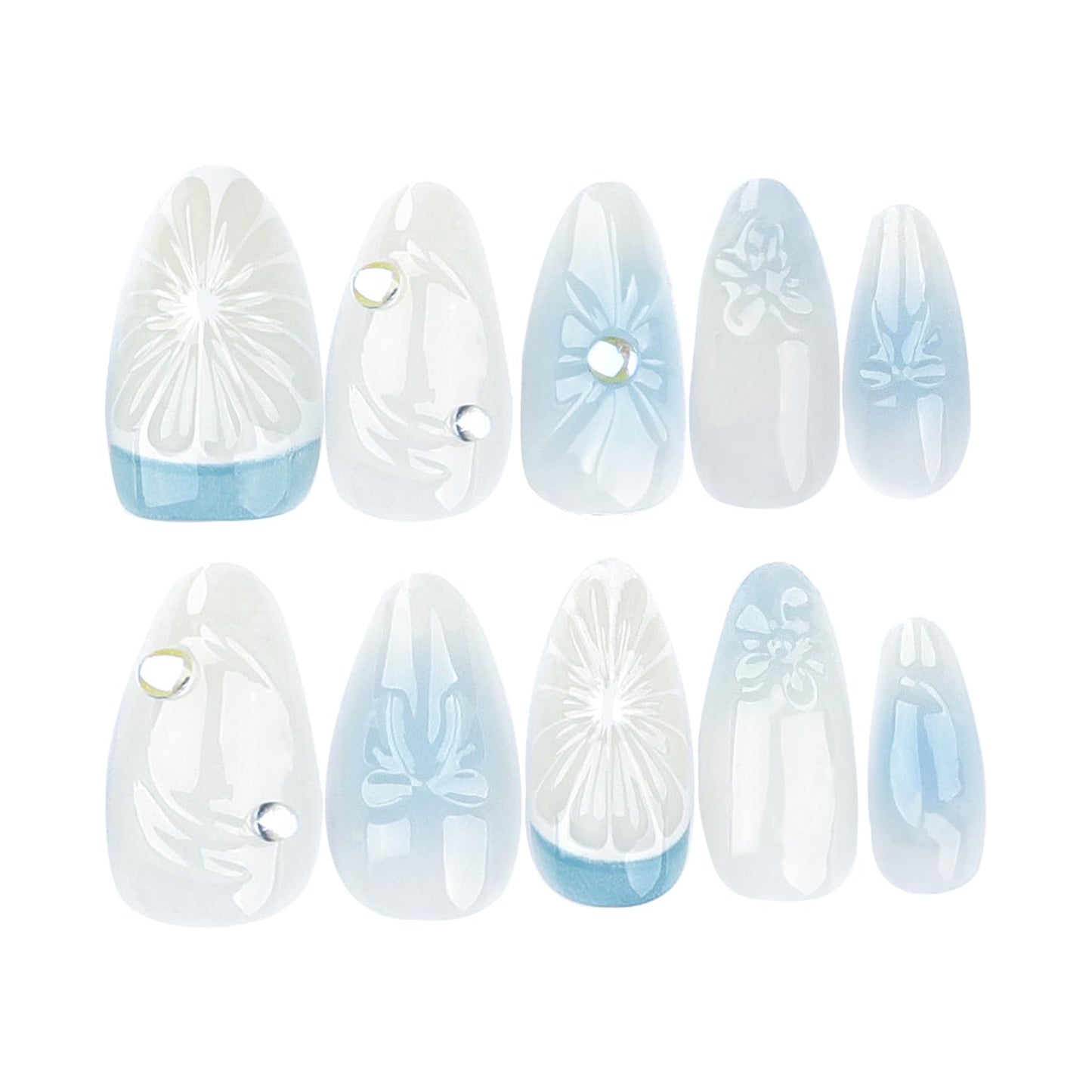 RIICFDD Press on Nails Short Fake Nails Almond False Nails Blue Ombre Nails Press ons Bow Lemon Stick on Nails Rhinestone Nail Charms Full Cover Glossy Glue on Nails for Women Nail Art 24 Pcs