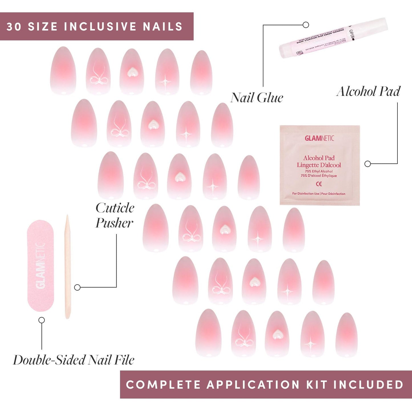 Glamnetic Press-On Nails & Adhesive Nail Tabs - Lovers Knot | Short Almond Nude Fake Nails with Bow Accents | 15 Sizes - 30 Nail Kit with Adhesive Tabs