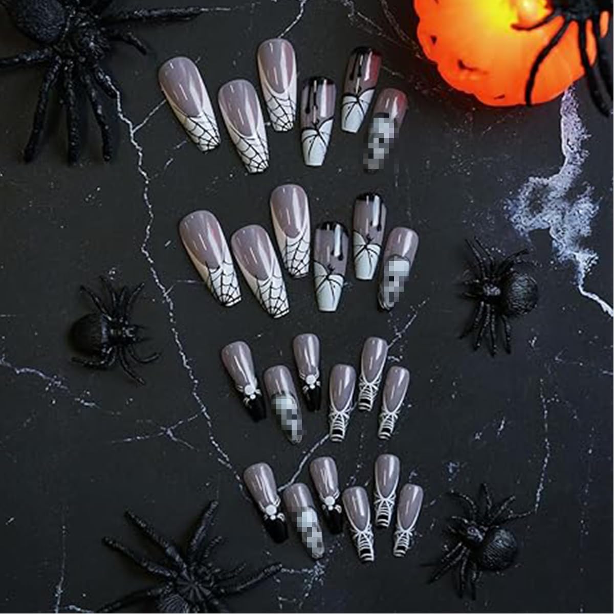 Halloween Press on Nails Long Coffin Fake Nails with Designs Spider Cobweb Ghost Pumpkin Glue on Nails Black French Tip False Nail Stick on Nail for Women Girls 24Pcs
