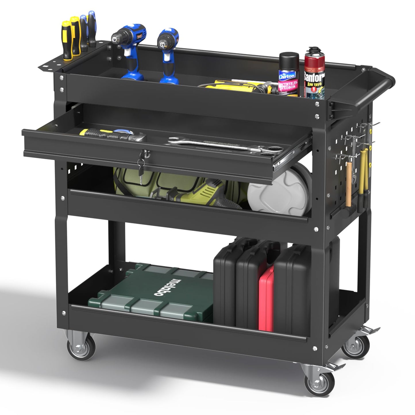 Pelnuies 3 Tier Rolling Tool Cart, 400 LBS Capacity Mechanic Tool Carts on Wheels, Heavy Duty Utility Cart with Drawers, Metal Work Cart for Garage, Warehouse and Repair Shop, Matte Black