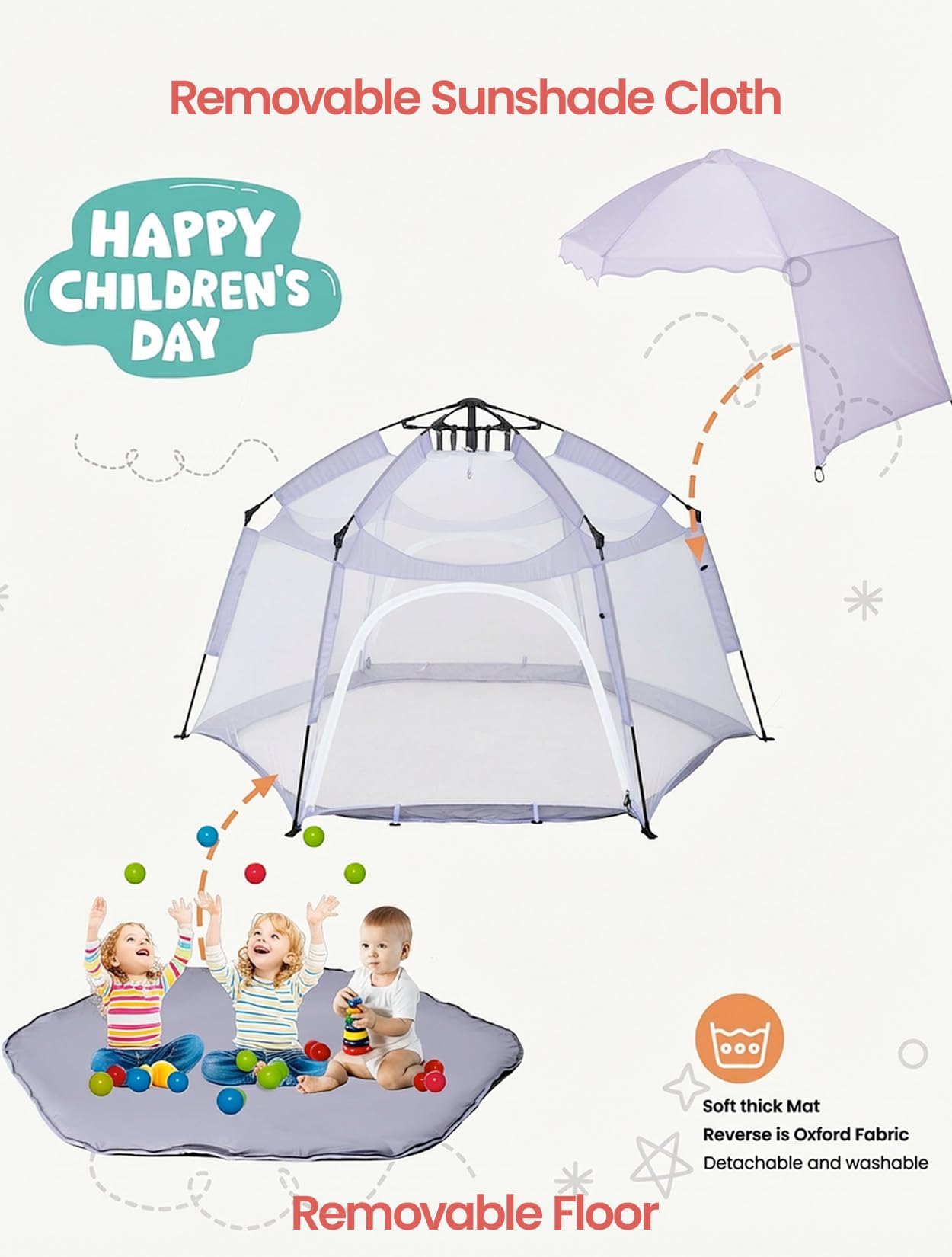 Porayhut Large Pop Up Play Tent for Kids, 78" Instant Toddler Playhouse with Removable Floor & UV50+ Sun Shade, 360° Mesh Mosquito-Free Tent for Indoor Outdoor Beach Backyard, Fits 4 Kids