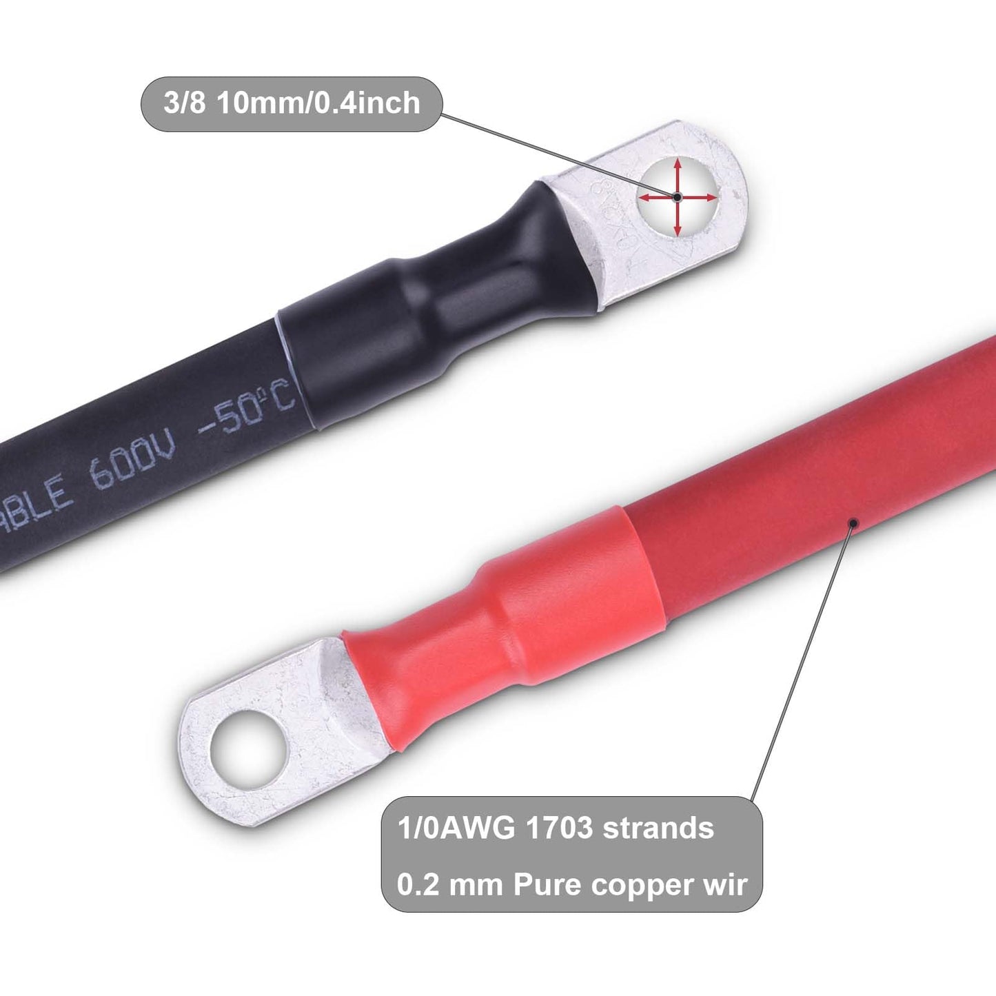 Shirbly 1/0 AWG Flexible Battery Cable with 3/8" Terminals - OFC Pure Copper Inverter & Welding Wire for Automotive Solar RV Motorcycle (Red + Black 1.5FT Pair)