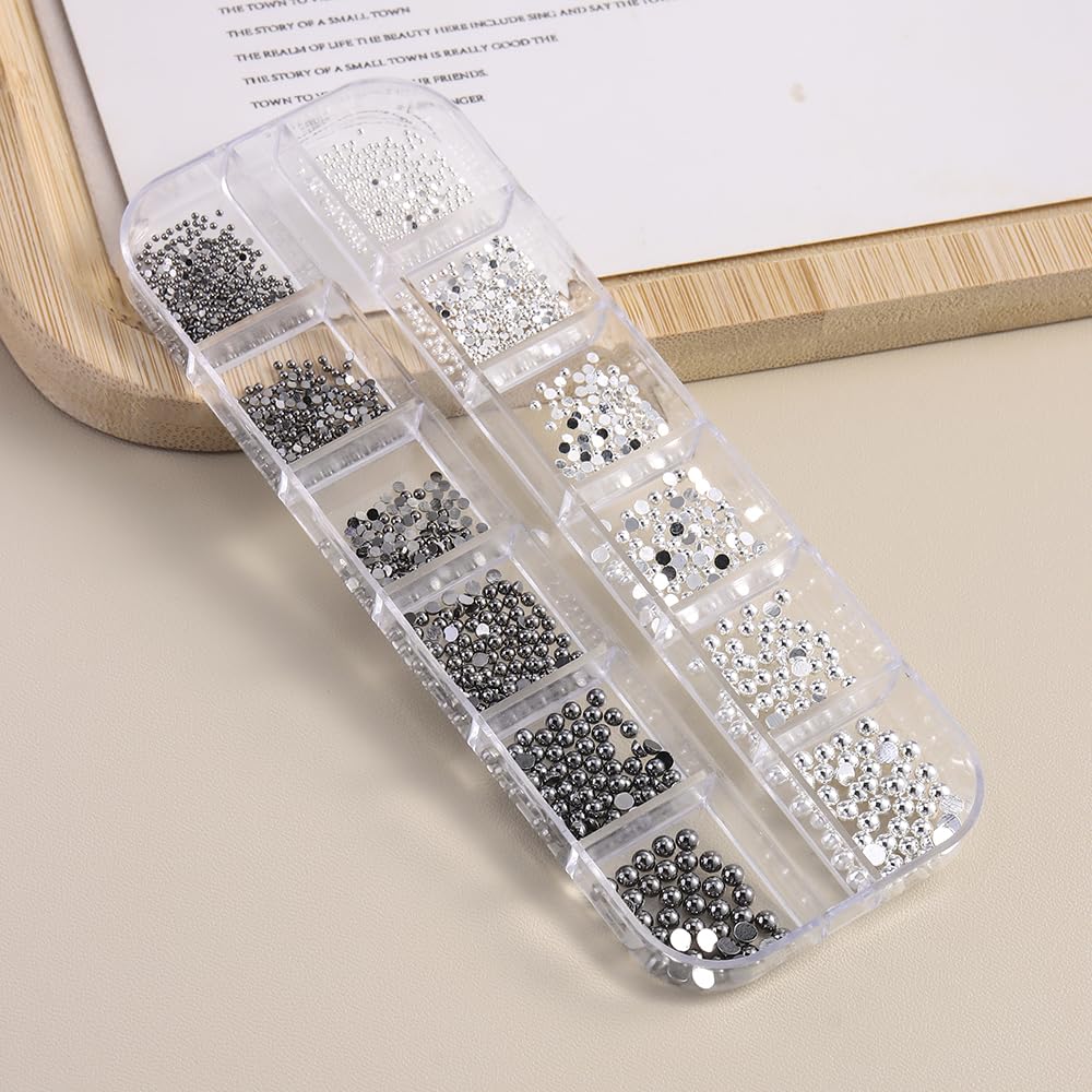 Mini Metal Nail Beads 3D Nail Art Charms, Mixed Sizes Silver Gun Grey Half Round Flatback Stainless Steel Caviar Beads Nail Studs Jewelry with Pickup Tweezers for DIY Nail Art and Crafting Decorations