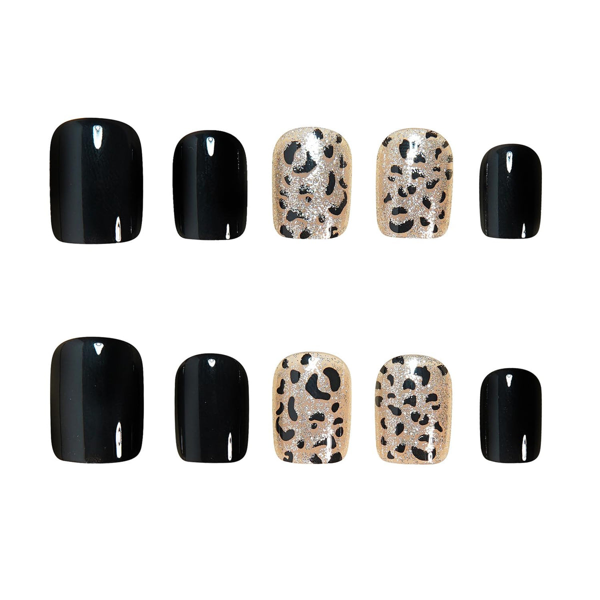 Obsidian Press on Nails Short Square CEWEWP Fake Nails Winter False Nail with Gold Glitter Black Leopard Print Designs Glossy Glue on Nail Full Cover Acrylic Nails for Women Girls 24Pcs