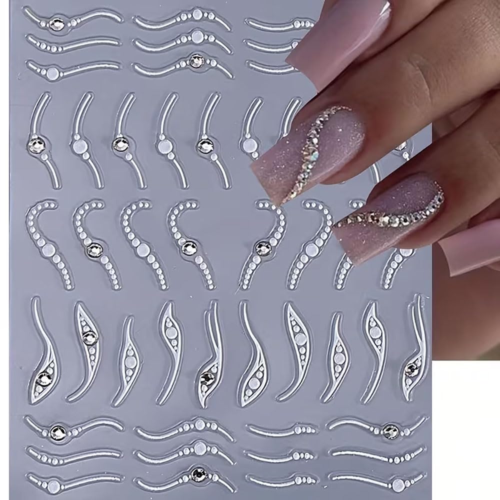 3Pcs French Line Nail Art Stickers,Silver Line Diamond Nail Stickers 5D Self-Adhesive Nail Decals Nail Art Supplies Silvery Stripe Swirls Wave Deisgns for Women Nails Decor