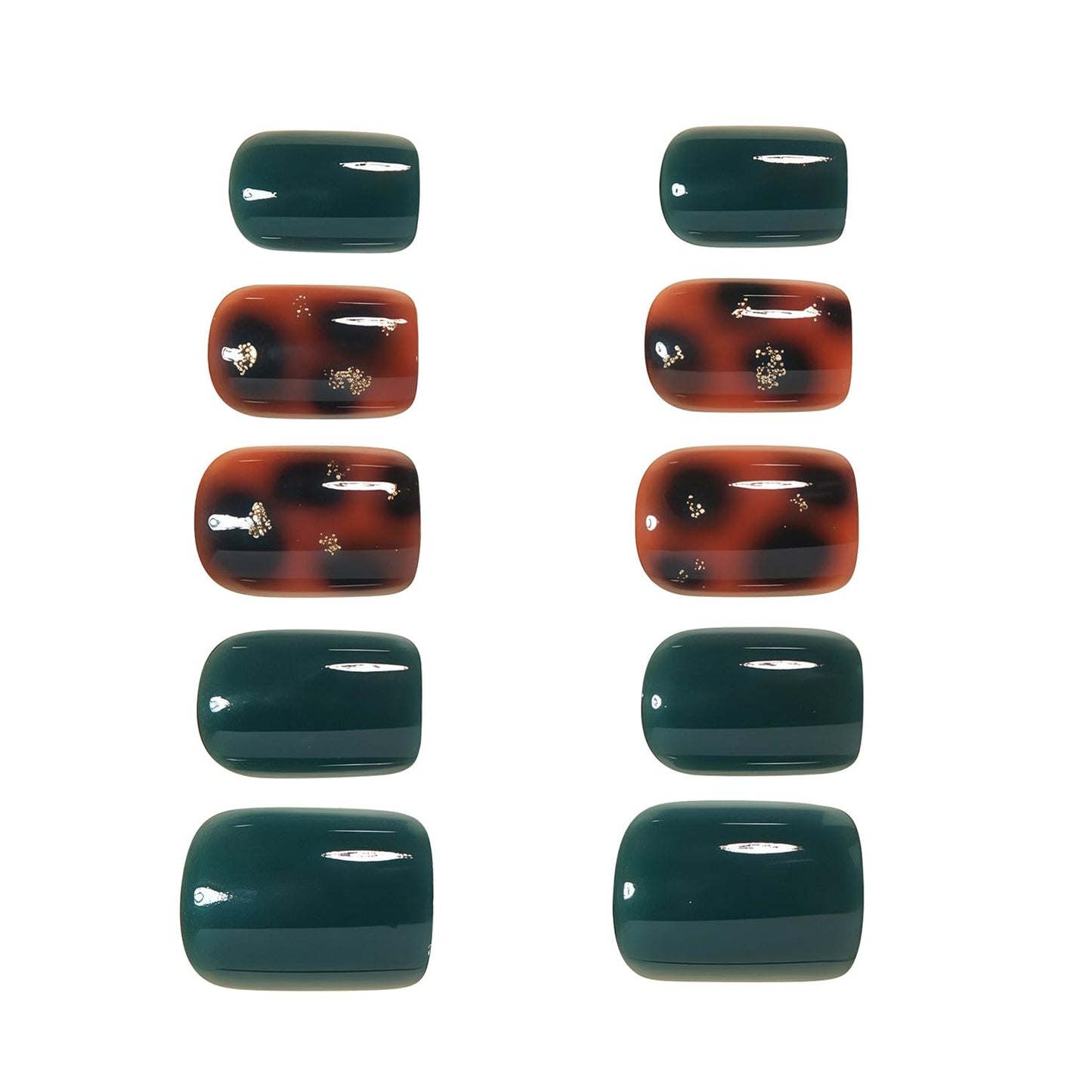 CEWEWP 24 Pcs Leopard Print Press on Nails Short Square Fake Nails Amber Blend Acrylic False Nails Green Color Glossy Reusable Holiday Daily Wear Glue on Fingernails for Women