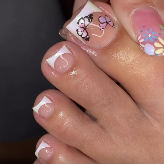 Press on Toenails with Butterfly Designs, Artificial French Fake Nails for Toe, Full Cover Glossy Coffin Acrylic False Nails, Glue on Toenails with Charm, Stick on Toe Nails for Women(JY065)