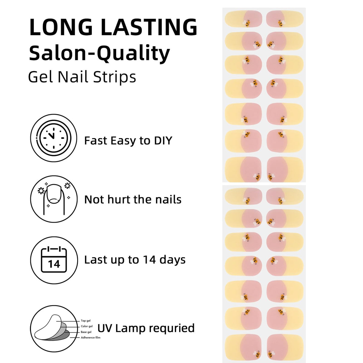 DUKASOU Semi Cured Gel Nail Strips,28 pcs French Gel Nail Stickers with UV Light Required,Long Lasting Nail Art Stickers, Easy to Apply（French Yellow）