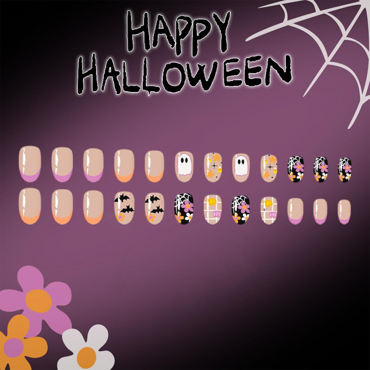24Pcs Halloween Press on Nails Short Almond French Fake Nails with Ghost Bat Pumpkin Grid Flower Designs False Nails Pink Orange French Tips Glue on Nails for Women Halloween Nail Decor