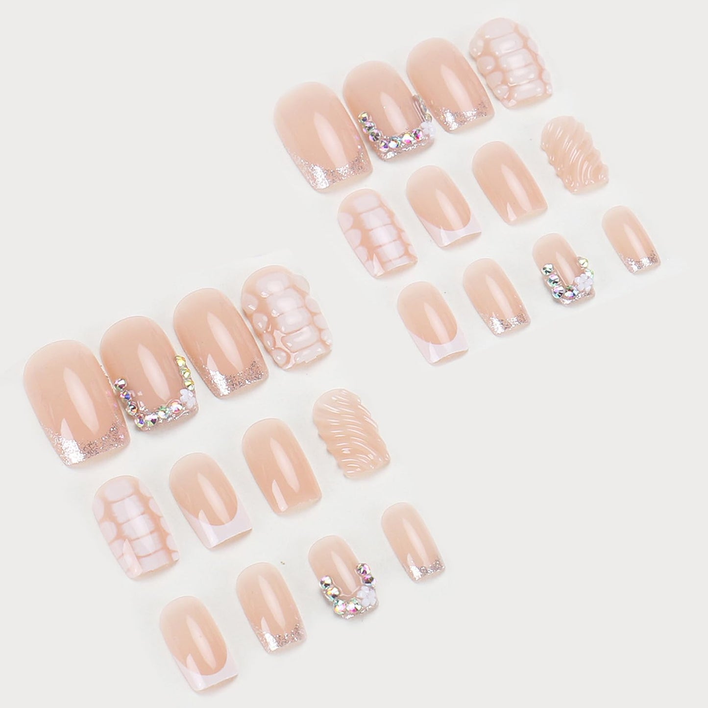 IMSOHOT Press on Nails Square Short Fake Nails French Tips False Nails with Rhinestone Design Glossy Glue on Nails Full Cover White Crocodile Print Acrylic Nude Nail Supplies for Women Girls