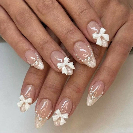 Almond Press on Nails Medium Fake Nails White French Tip False Nails with 3D Bow Charms Design Glue on Nails Pearl Full Cover Stick on Nails Elegant Artificial Nails for Women Manicure 24Pcs