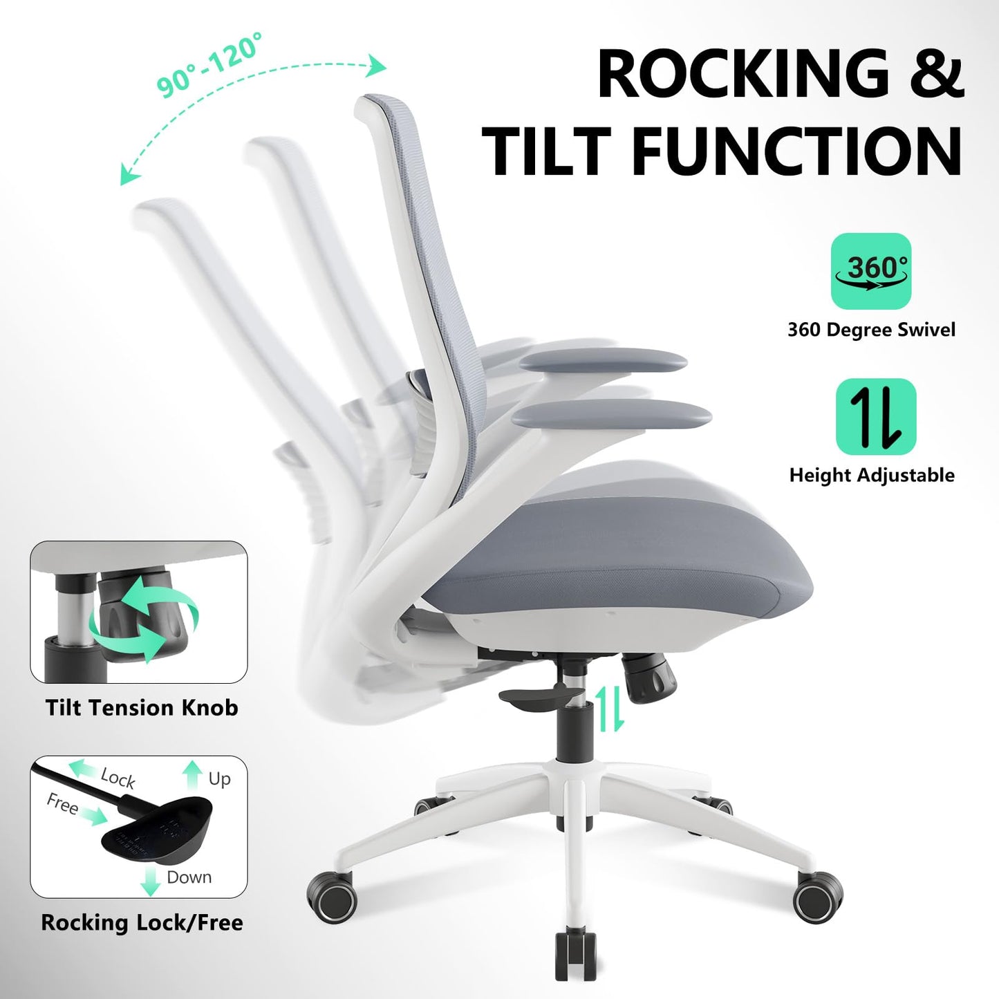 BERYTH Ergonomic Office Chair, High Back Mesh Desk Chair with Lumbar Support, 360° Swivel & Slide-Adjustable Arms, Tilt Lock and Recline, Breathable Task Chair for Home Office & Gaming (Grey)