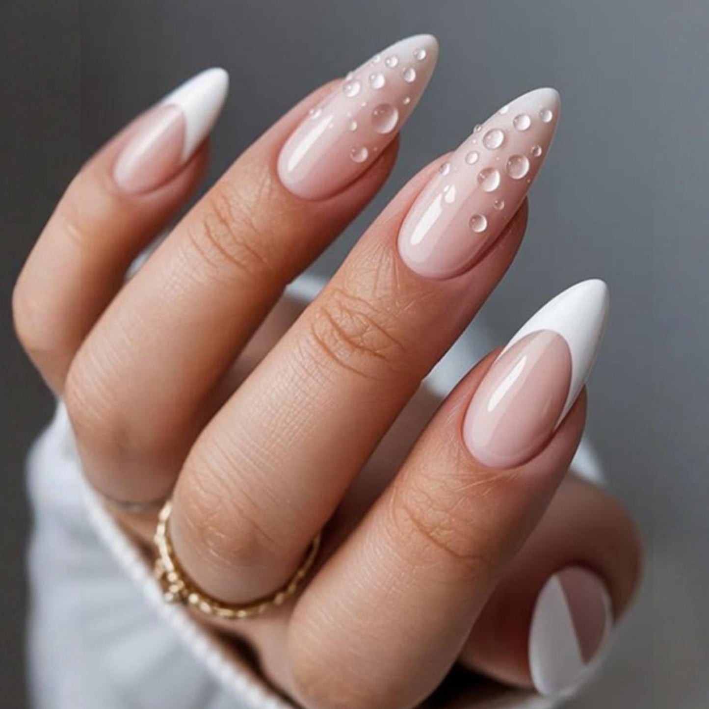 DANMANR Short Press on Nails Almond Waterdrop Fake Nails Full Cover Nude Acrylic French False Nails for Women and Girls 24PCS