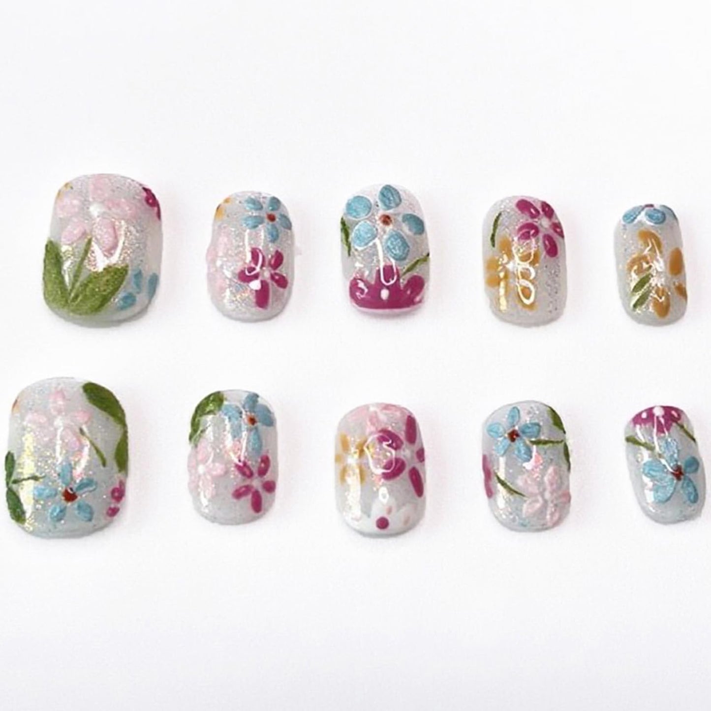 Handmade Press on Nails Short Square Fake Nails Press Ons Luxury Cute Flower Full Cover Stick on Nails Glitter Glue Nails for Women Girls Manicure (Oil Painting S)
