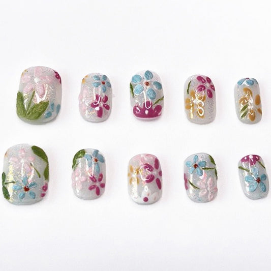 Handmade Press on Nails Short Square Fake Nails Press Ons Luxury Cute Flower Full Cover Stick on Nails Glitter Glue Nails for Women Girls Manicure (Oil Painting S)