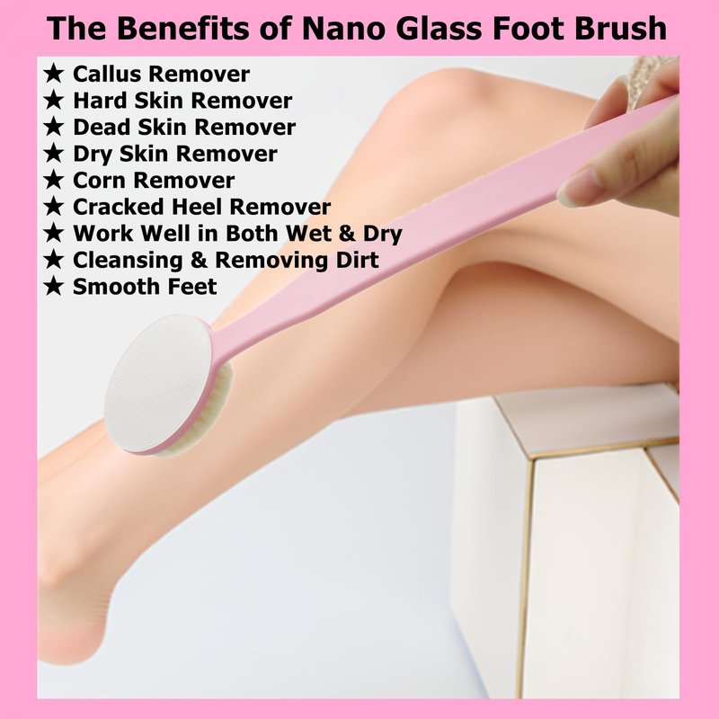 YIOYOODA Nano Glass Foot File Callus Remover, 13.7" Long Handle Foot Scrubber Brush, 2-in-1 Pedicure Tool Hard & Dead Skin Remover, Back Scrubber Body Brush for Shower Deep Cleansing Exfoliating, Pink