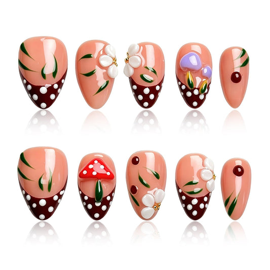 Vanpaga Red Handmade Press on Nails, Red Polka Dot Nail Tips with Mushroom& Floral Design, Almond Shape Acrylic Nails Kit, Reusable Professional Nail Art for Women & Girls(M)