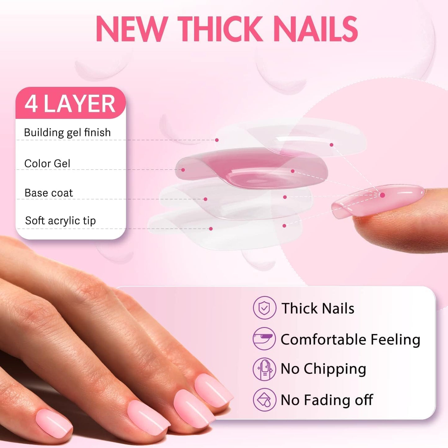 Nude Press On Nails Short Square, KXAMELIE Natural Gel Nails Glue on Acrylic Nails Press ons Featured Protective Coat Thick Reusable Fake Nails Solid Color 24 Short Coffin Artificial Nails