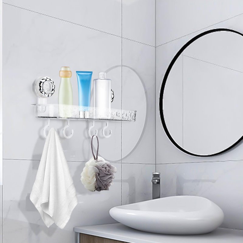 LELE LIFE Suction Cup Shower Caddy - Acrylic Shower Organizer Large Removable Bathroom Shelf, Powerful Suction Basket Bathroom Storage Rack with 4 Hooks, Clear